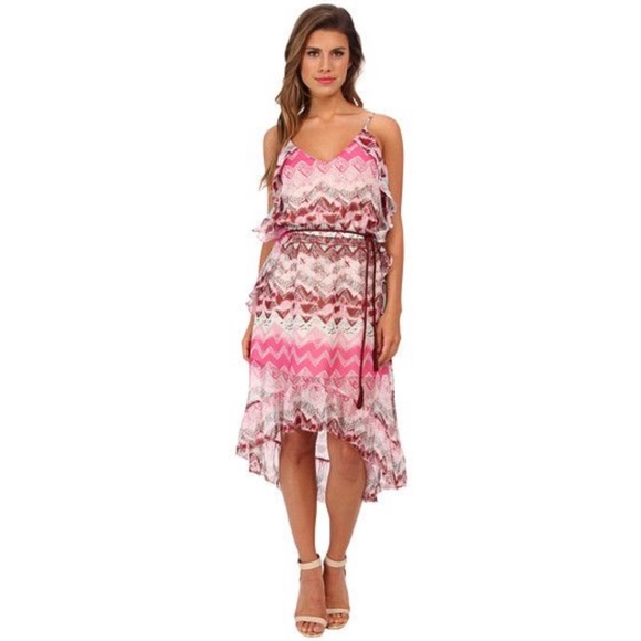 NEW LAmade 100% Silk Ruffle High Low Dress Tribal Print XS - Picture 1 of 13